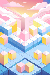 Obraz premium Abstract Pastel Landscape with Geometric Shapes and Fluffy Clouds
