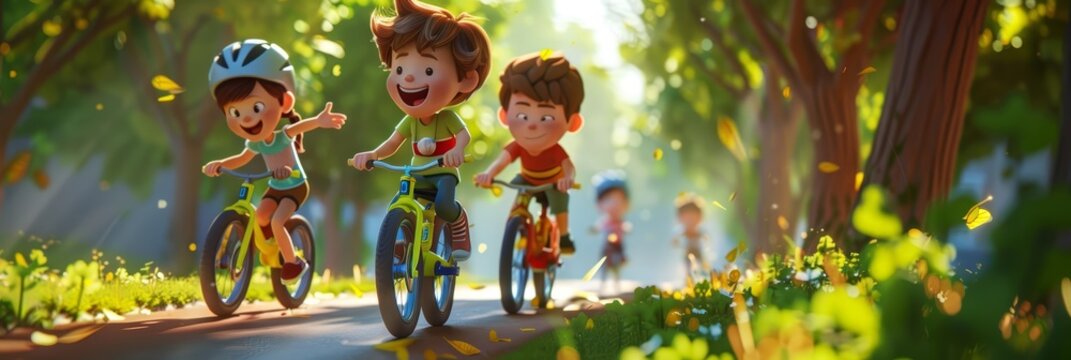 A joyful scene where children in a cartoon are riding bicycles in the park, their laughter echoing as they race each other down the path