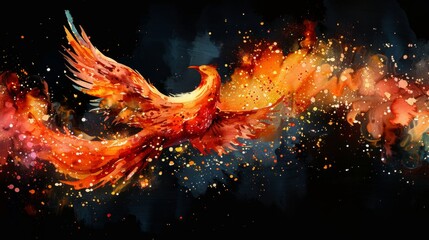 This is a color, graphic, digital drawing of the phoenix bird with a black background. It is in watercolor style using modern graphics. There are separate layers included in the file.