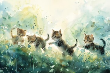 A lighthearted scene of playful kittens tumbling in a meadow, their fur brushed in soft watercolors against a backdrop of gentle greens and blues