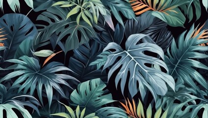Midnight Jungle, Seamless Background with Exotic Leaves, Tinged with Darker Hues.