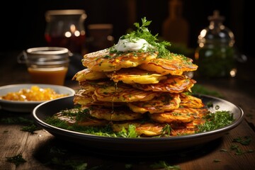 Golden pancakes with fresh herbal sauce., generative IA