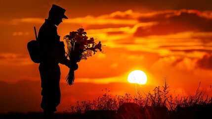 A lone soldier, silhouetted against a fiery orange sunset, placed a bouquet of lilies on a grave, a silent gesture of remembrance on Memorial Day
