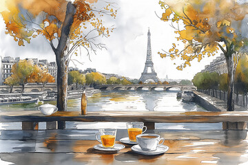 One cup of coffee and two cups of tea on wooden table in Paris park with Eiffel Tower and Sena river view. Autumn season. Watercolour illustration. Travel concept