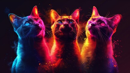 The background is a separate layer and features a colorful, neon portrait of three curious cats. Wall sticker. Abstract, multicolored, neon portrait of three curious cats in the style of pop art on a - obrazy, fototapety, plakaty