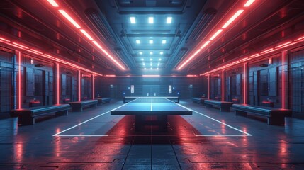 Futuristic vector illustration of a ping-pong arena, with advanced technology and sleek design elements. Dynamic angles and futuristic lighting effects add a sense of innovation to the scene. 