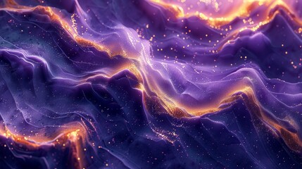   A digital image of a mountain range under a purple sky adorned with golden stars ..Mountain range depicted in a computer-generated image, featuring