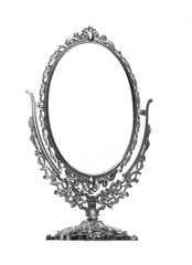 silver vintage mirror on stand isolated on white background