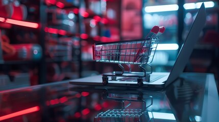 A miniature cart positioned before an open laptop, highlighting the seamless blend of technology and commerce