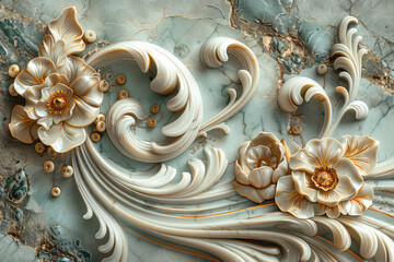  3D wallpaper stretch ceiling decoration model, marble texture with decorative relief flowers and leaves. Created with Ai