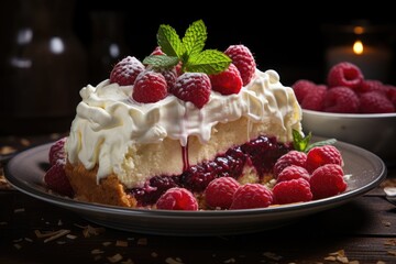 White chocolate pie and irresistible raspberries., generative IA