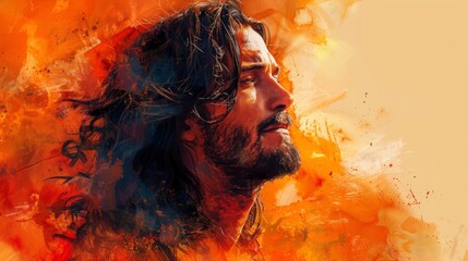 Vibrant vector artwork featuring Jesus Christ in worship, with a warm orange watercolor background....