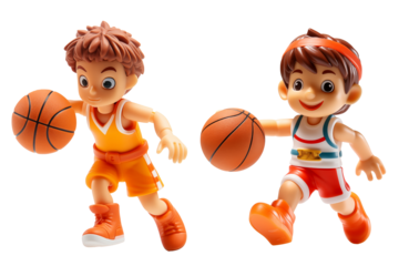 Two animated basketball player figurines poised for action on a transparent png background