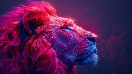 Pop-art style abstract portrait of a lion's head in multi-colored abstract coloration on a purple background.