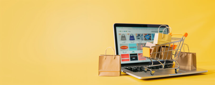 Shopping cart full of items on top of a laptop with a market on its screen. Illustration for banner, web or advertising. Online shopping, e-commerce and digital business concept.