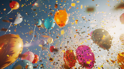 Golden confetti raining down on a jubilant crowd, with balloons soaring high in the air. 8K