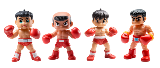 Four miniature boxing figurines displayed against a transparent png background