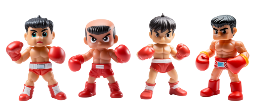 Four miniature boxing figurines displayed against a transparent png background