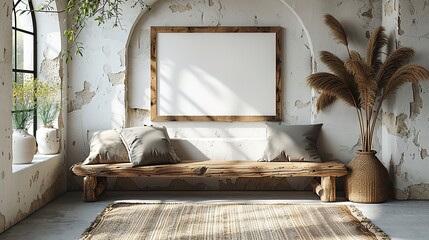 Farmhouse interior design of modern home entryway. Country hall with wooden bench and mock-up blank poster frame on white wall.