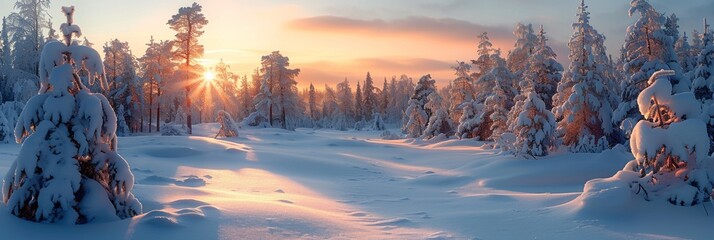 In a winter wonderland, snow-covered trees create a fairytale forest under the golden sunset.
