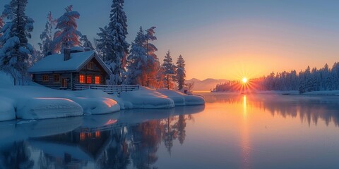 In a winter sunrise, a cozy wooden house stands amidst snowy forest, under the colorful sky. - obrazy, fototapety, plakaty
