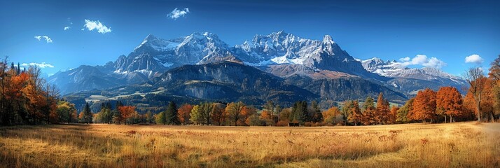 A picturesque autumn landscape of colorful mountains and forests under a bright blue sky.