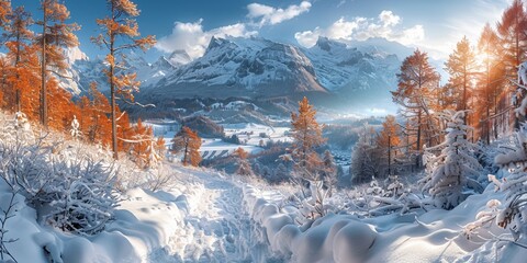 A stunning alpine panorama in winter: snow-covered mountains, forests, and villages under a clear blue sky. - obrazy, fototapety, plakaty