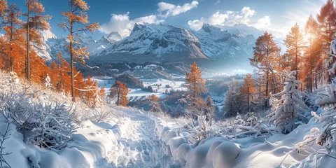 Foto op Canvas A stunning alpine panorama in winter: snow-covered mountains, forests, and villages under a clear blue sky. © Andrii Zastrozhnov