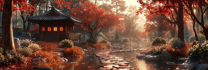An enchanting autumn morning in the forest with vibrant colors, a tranquil lake, and misty atmosphere.