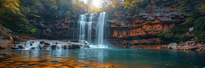 A serene waterfall flows through the lush greenery of a forest, embodying the beauty of nature.