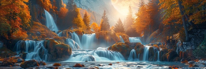 A beautiful waterfall in a forest, a pure cascade of water amidst autumn foliage. - obrazy, fototapety, plakaty