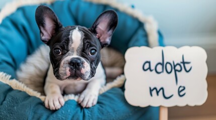 A French bulldog puppy, sitting on a pet pillow, with a handwritten inscription "adopt me".