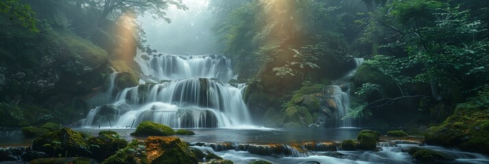 A tranquil waterfall in a lush forest, a serene cascade of pure water amidst greenery.