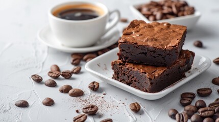 Brownies served with coffee on a white background