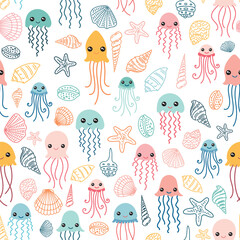 Pattern with cute jellyfish and shells