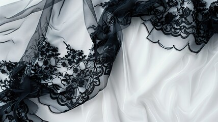 Elegant black lace fabric on a white background.
