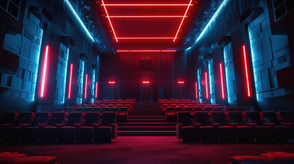 A movie theater with red and blue lights - obrazy, fototapety, plakaty