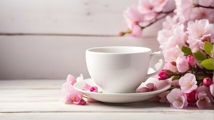 Spring blossoms and a white hot tea cup on a light wooden background