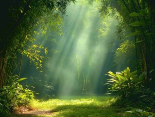 A forest with sunlight shining through the trees. The light is bright and warm, creating a peaceful and serene atmosphere. The trees are tall and lush, with leaves of various sizes and shapes