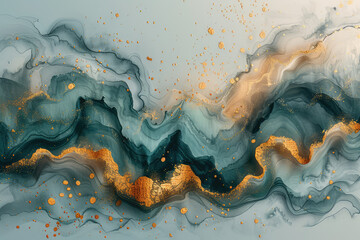 Abstract fluid art, swirling patterns of dark teal and grey with splashes of golden copper. Created with Ai