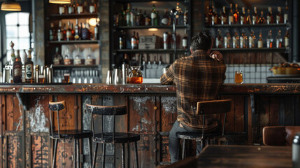 A man sits at a bar with a drink in front of him