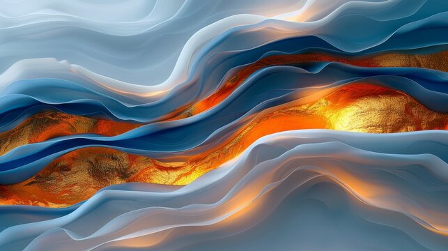   An image of a wave composed of orange and blue hues, with a yellow center positioned at its midpoint