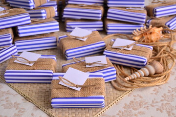 Beach nautical wedding favours decoration gift box with blue white stripe pattern, jute and custom...