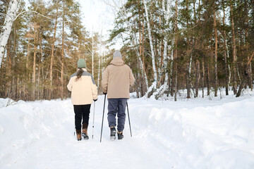 Rear view wide shot of unrecognizable senior couple spending winter day outdoors doing Nordic...