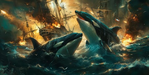 A pod of killer whales, clad in waterproof armor, fires highpressure water cannons from their backs, capsizing the boats of marauding pirates - obrazy, fototapety, plakaty