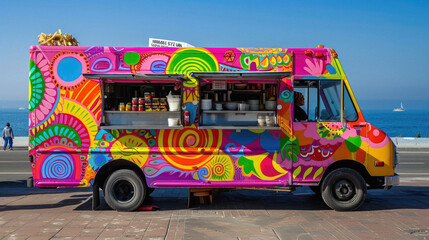 A colorful food truck with a rainbow design on it