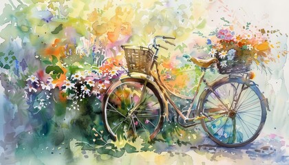 A quaint watercolor of a bicycle leaning against a floral hedge, its basket filled with fresh blooms in a rainbow of soft colors