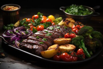 Grilled picanha and fresh vegetables on wooden board., generative IA