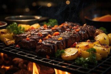 Grilled picanha and caramelized pineapple on the barbecue., generative IA