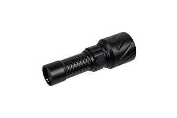 Modern metal LED flashlight in black color. Portable flashlight isolate on a white back